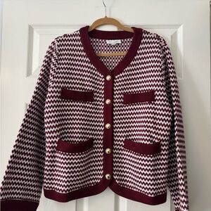 Free Assembly Burgundy and White Houndstooth Cardigan